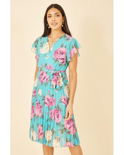 Mela Green Floral Wrap Pleated Dress - Blue