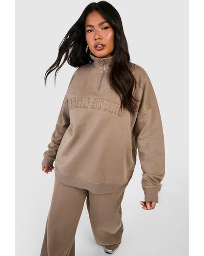 Boohoo Plus Dsgn Studio Self Fabric Applique Half Zip Sweatshirt - Brown