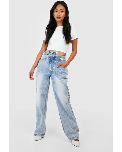 Boohoo Asymmetric Waistband Acid Wash Straight Leg Jeans - Blue