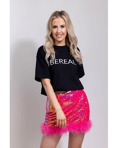 BeReal 'ella' Pink Sequin Skirt With Faux Feather Trim