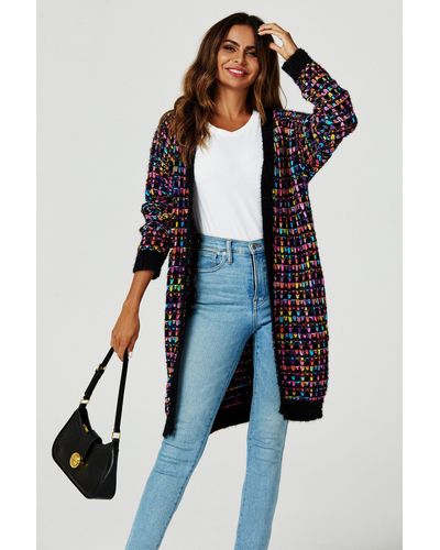 FS Collection Rainbow Multicolour Speckles Boucle Check Cardigan In Black - Blue