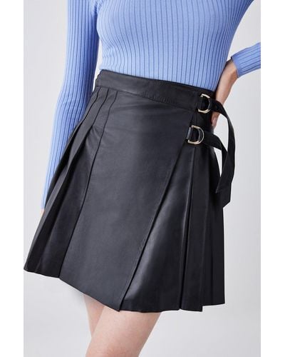 Karen Millen Leather Pleated Buckle Kilt Skirt - Black