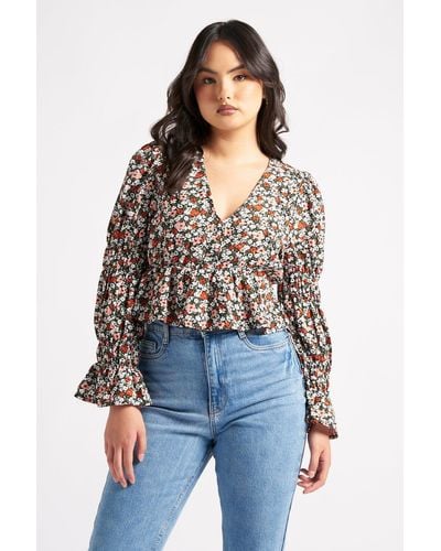 Urban Bliss Floral Ruched Sleeve Top - Blue