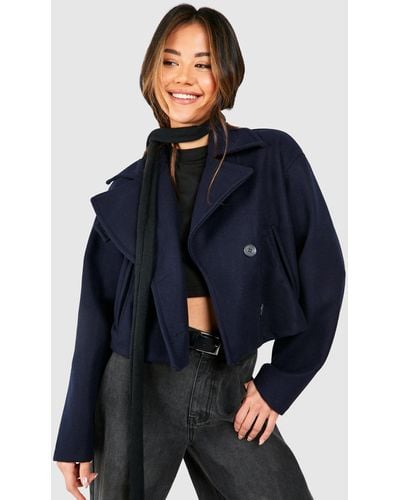 Boohoo Wool Look Cropped Trench Coat - Blue