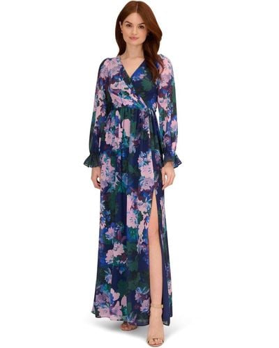 Adrianna Papell Floral Print Chiffon Gown - Blue