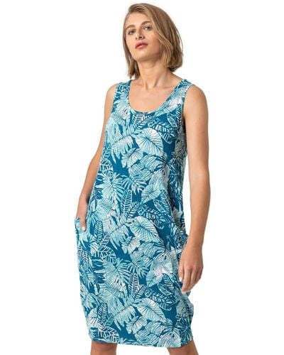Roman Leaf Print Slouch Pocket Dress - Blue