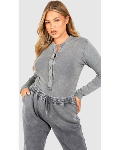 Boohoo Plus Washed Long Sleeve Button Down Bodysuit - Grey