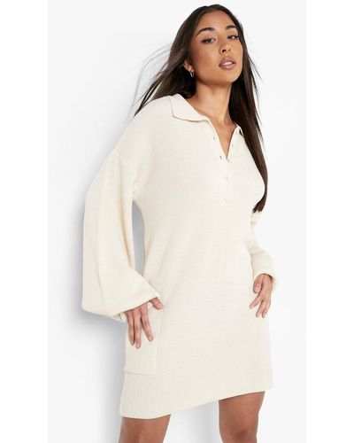 Boohoo Knitted Button Up Dress - Natural