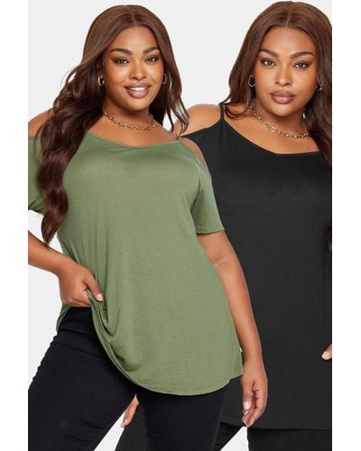 Yours 2 Pack Cold Shoulder T-shirts - Green