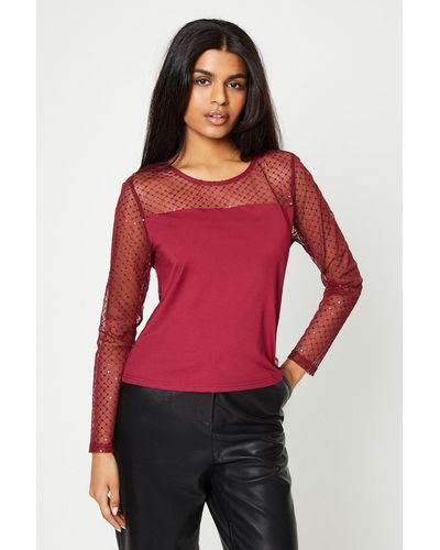 Oasis Petite Sequin Jersey Long Sleeve Top - Red
