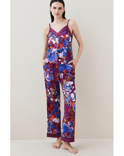 Karen Millen Pressed Floral Satin Nightwear Trouser - Blue