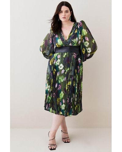 Karen Millen Plus Size Floral Pleated Pu Woven Maxi Dress - Green
