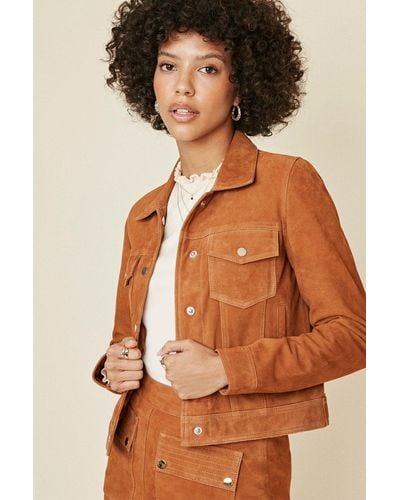 Oasis Button Front Suede Jacket - Brown