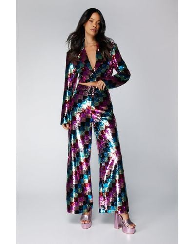 Nasty Gal Checkerboard Sequin Wide Leg Trousers - Blue