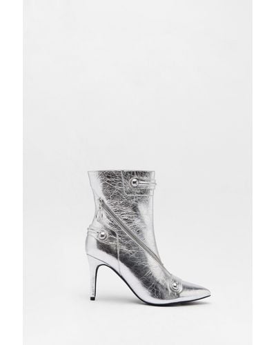 Warehouse Leather Metallic Zip & Stud Pointed Toe Ankle Boots - White