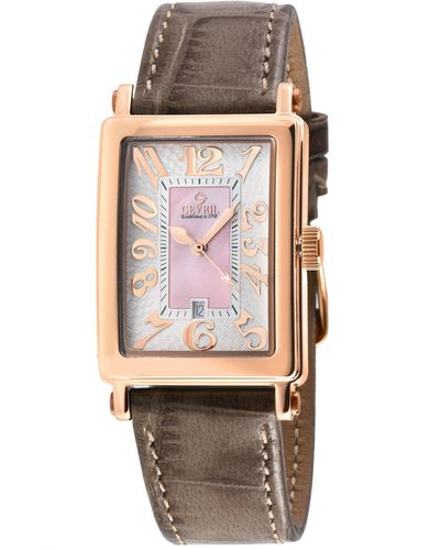 Gevril Ave Of Americas Mini Rose Stainless Steel Case, Pink Mop Dial ..genuine Tan Leather Strap. Swiss Quartz Watch