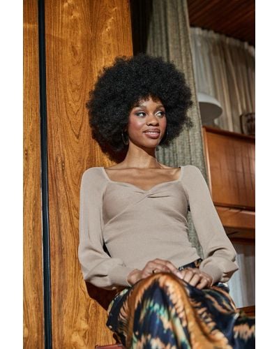 ANOTHER SUNDAY Long Sleeved Knitted Top With Balloon Sleeves And Knot Detail In Beige - Brown