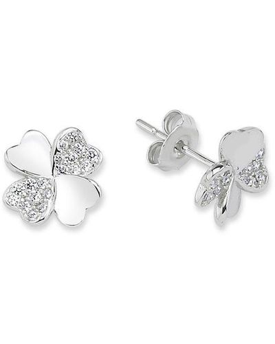 Jewelco London Silver Cz Love Heart Lucky 4-leaf Clover Stud Earrings - White