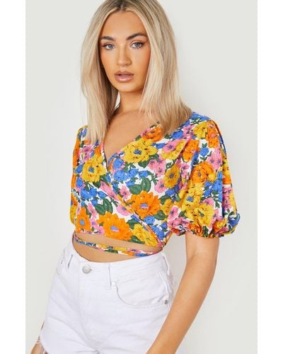 Boohoo Floral Puff Sleeve Tie Back Crop Top - Orange