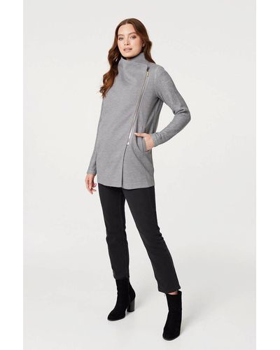 Izabel London Asymmetric Ribbed Sleeve Coat - Grey