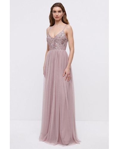 Coast Embellished Bodice Cami Tulle Maxi Bridesmaids Dress - Mink - Purple
