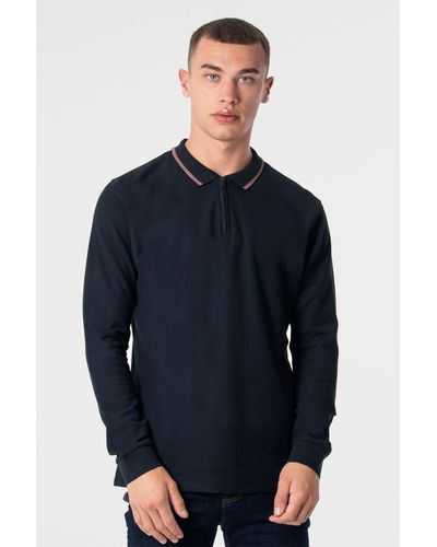 Larsson & Co Navy Long Sleeve Polo With Tipped Collar - Blue
