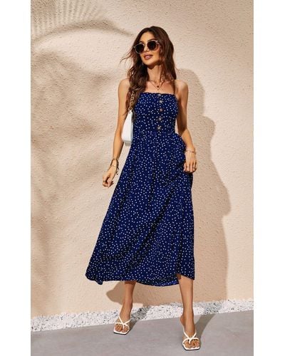 FS Collection Polka Dot Button Down Strappy Midi Dress In Navy - Blue