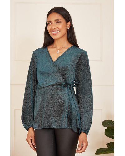 Yumi' Green Sparkle Velvet Wrap Top With Long Sleeves - Blue