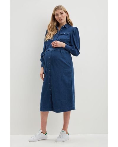 Dorothy Perkins Maternity Denim Belted Midi Dress - Blue