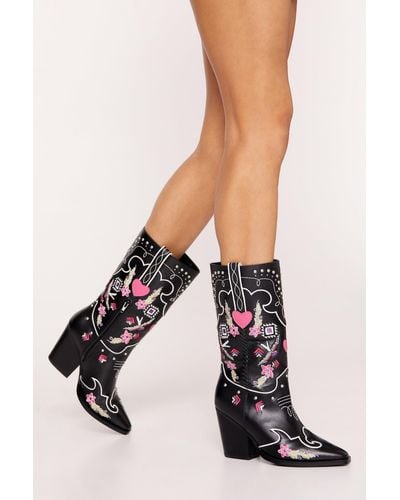Nasty Gal Leather Floral Embriodery & Heart Detail Cowboy Boots - Black