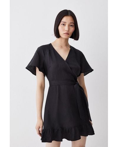 Karen Millen Linen Angel Sleeve Wrap Front Dress - Black