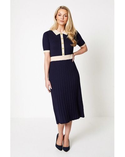 Wallis Collar Detail Short Sleeve Pleated Knitted Dress - Blue