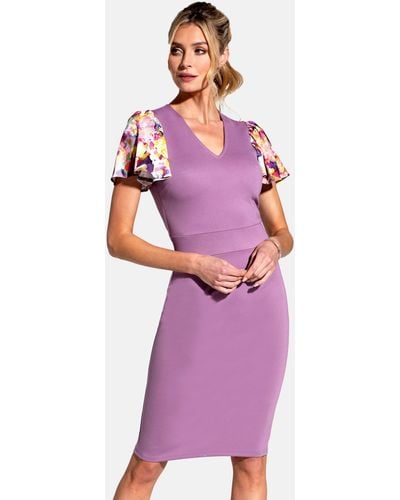 Hot Squash Ponte Dress With Chiffon Sleeves - Purple