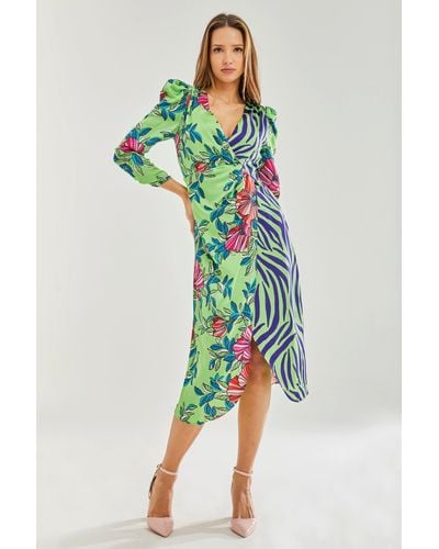 Liquorish Midi Dress In Floral And Animal Contrast Print With Waist Wrap Detail - Green