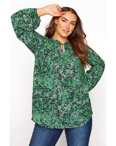 Yours Tie Neck Frill Blouse - Green