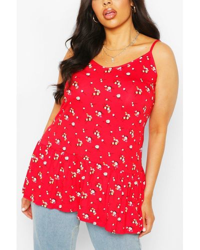 Boohoo Plus Floral Ruffle Strappy Tunic Top - Red