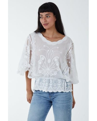 Blue Vanilla Floral Lace Butterfly Sleeve Blouse - White
