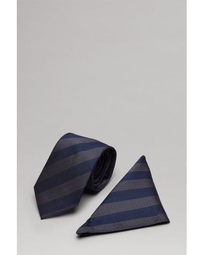 Burton Navy And Grey Wide Stripe Tie And Pocket Square Set - Blue
