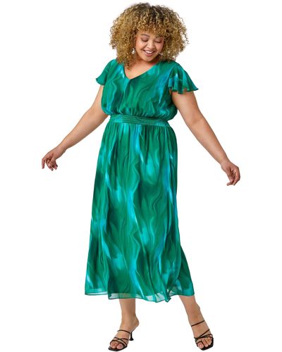 Roman Curve Abstract Shirred Maxi Dress - Green