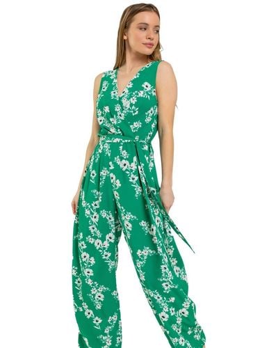 Roman Petite Floral Belted Wrap Jumpsuit - Green