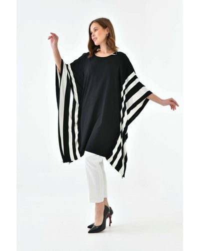 Hoxton Gal Oversized Wide Sleeve Tunic Dress With White Stripe Details - Black