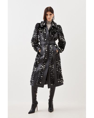 Karen Millen Faux Fur Pu Panelled Abstract Belted Coat - Black