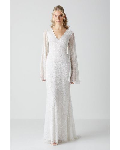 Coast V Neck All Over Embellished Flare Sleeve Wedding Dress - White
