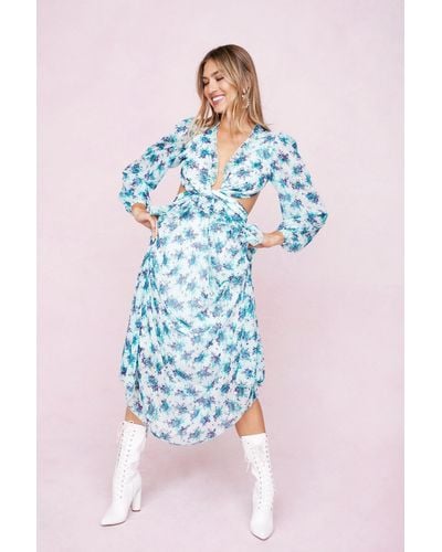 Nasty Gal Floral Print Ruffle Cut Out Midi Dress - Blue