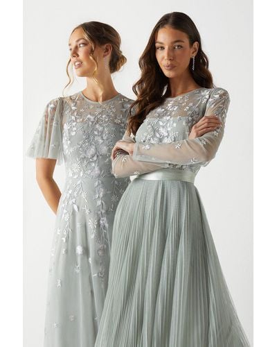 Coast Embroidered Floral Bodice Pleated Bridesmaids Midi Dress - Multicolour