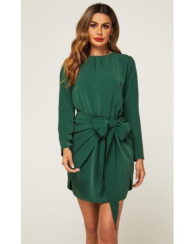 FS Collection Long Sleeve Knot Tie Front Mini Dress In Green