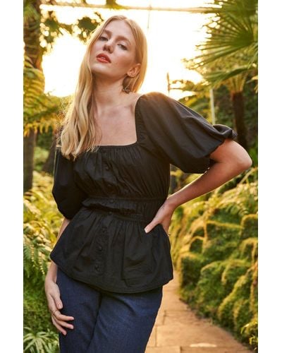 ANOTHER SUNDAY Puff Sleeve Top With Shirred Waist And Button Detail In Black - Yellow