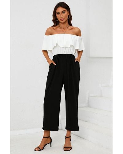 FS Collection Black Contrast Off The Shoulder Ruffle Jumpsuit In White