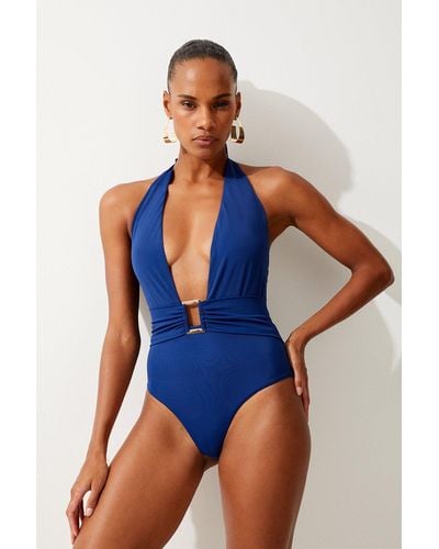 Karen Millen Trim Detail Plunge Swimsuit - Blue