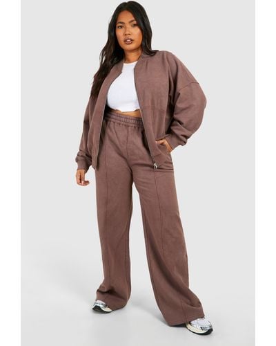 Boohoo Plus Washed Zip Through Bomber Straight Leg Tracksuit - Brown
